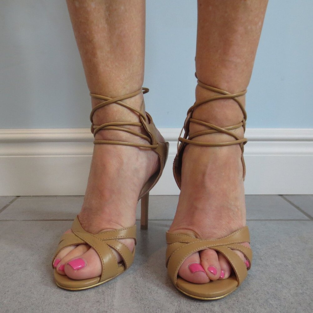 NIB GOLD and ROUGE Tan Leather Ankle Tie High Heel Sandals